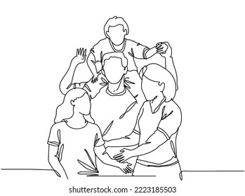 Single continuous line drawing of Happy family father and mother with children, hand drawn single line vector illustration.