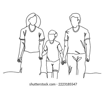 Single continuous line drawing of Happy family father and mother with children, hand drawn single line vector illustration.