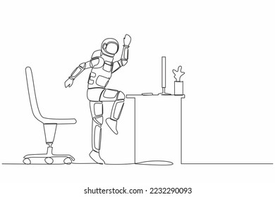 Single continuous line drawing happy astronaut jumping and dancing on his computer desk. Celebrating success space exploration. Cosmonaut deep space. One line draw graphic design vector illustration