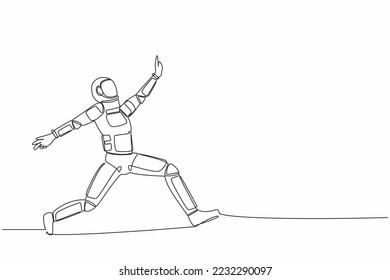 Single continuous line drawing happy astronaut jumping with spread both leg and raise one hand. Celebrating successful spaceship mission. Cosmonaut deep space. One line draw design vector illustration