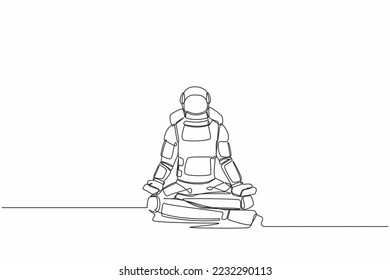 Single continuous line drawing happy astronaut sitting with yoga pose, meditation. Relaxed spaceman after galactic exploration. Cosmonaut deep space. One line draw graphic design vector illustration