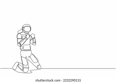 Single continuous line drawing happy astronaut kneeling with both hands yes gesture. Success spacecraft exploration goal target. Cosmonaut deep space. One line draw graphic design vector illustration