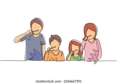 Single continuous line drawing happy family brushing their teeth together before bedtime. Routine habits for cleanliness and health of mouth and teeth. One line draw graphic design vector illustration