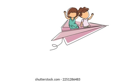 Single continuous line drawing happy boys and girls flying on paper plane. Kids flying on paper airplane together. Children back to school concept. One line draw graphic design vector illustration