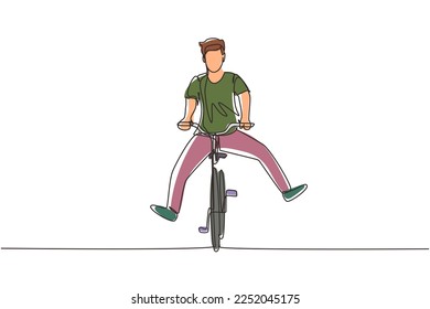 Single continuous line drawing happy young man in casual clothes riding bicycle. Healthy and sport lifestyle. Ecological vehicle of transportation. One line draw graphic design vector illustration