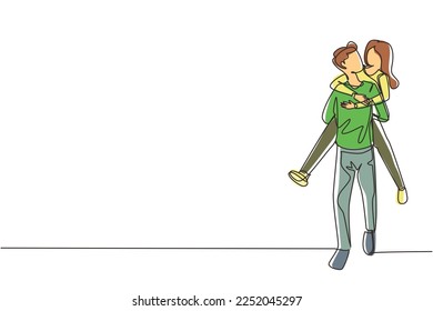 Single continuous line drawing happy man carrying and embracing woman. Happy romantic couple in love. Young couple relationship celebrate wedding anniversary. One line draw graphic design vector