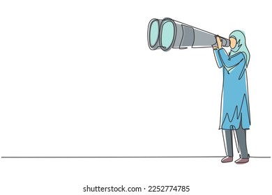 Single continuous line drawing happy Arab tourist woman looking through big binoculars far ahead. Young lady is traveling with field glasses. Dynamic one line draw graphic design vector illustration