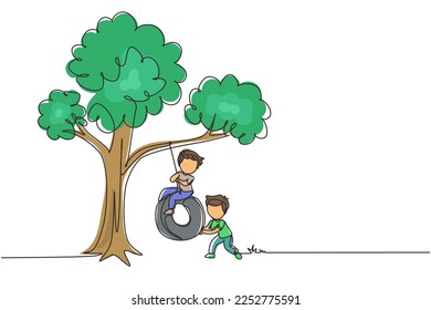 Single continuous line drawing happy two boys playing tire swing under tree  Cute kids swinging tire hanging from tree  Children playing in garden  One line draw graphic design vector illustration
