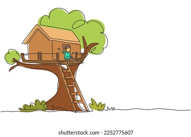 Single continuous line drawing happy child on tree house, little girl playing on children playground, treehouse with wooden ladder, place for kids games on summer. One line draw graphic design vector