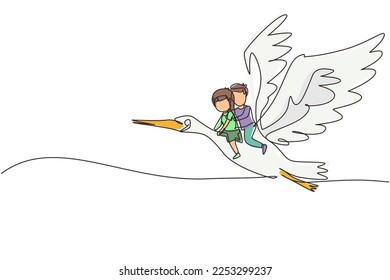 Single continuous line drawing happy little boy and girl flying with stork together. Children fly and sitting on back stork bird at sky. Kids learning to ride cute stork. One line draw graphic vector