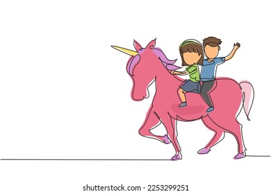 Single continuous line drawing happy cute boy and girl riding cute unicorn together. Children sitting on back unicorn in fairy tale dream. Kids learning to ride unicorn. One line draw graphic vector
