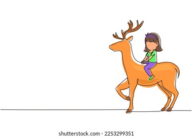Single continuous line drawing happy little girl riding deer. Child sitting on back deer with saddle in ranch ground. Kids learning to ride reindeer. One line draw graphic design vector illustration