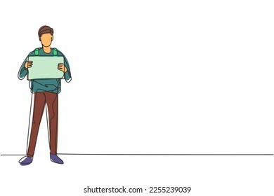 Single continuous line drawing happy man traveler hitchhiking. Young tourists with backpacks trying catch car on road. Holidays adventure, tourism, travelling. One line draw design vector illustration