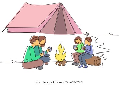 Single continuous line drawing happy family camping with campfire and drinking hot tea. Kids sitting on logs, mom dad sitting on ground in forest. Wild nature. One line draw design vector illustration