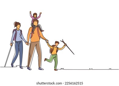 Single continuous line drawing happy family is hiking in the forest. Father, mother and children hiking and camping with backpack at nature. Dynamic one line draw graphic design vector illustration