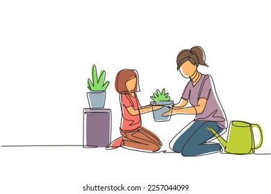 Single continuous line drawing happy mom   her daughter gardening  Having hobby and kid  Mom   baby girl plant flowers  Idea happy motherhood   childhood  One line draw graphic design vector