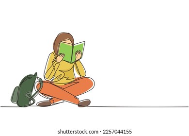 Single continuous line drawing happy young woman reading book sitting on floor. Smart female reader enjoying literature or studying and preparing for exam. One line draw design vector illustration