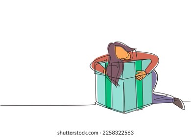 Single continuous line drawing happy woman hugging present box with love. Girl holding tightly in her arms cute gift box with bow. Present, gift, birthday, party concept. One line draw design vector