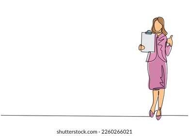 Single continuous line drawing happy young businesswoman wearing blazer holding clipboard   making showing thumbs up gesture sign  Person keeping file pad in hand  One line draw design vector