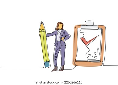 Single continuous line drawing happy smiling businesswoman with pencil, clipboard, checklist completed. Business success completed plan concept. One line draw graphic design vector illustration