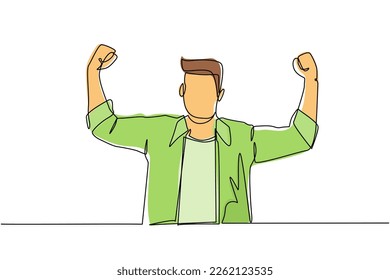 Single continuous line drawing happy employee of company stands in strong pose. Businessman gestures hand. Office worker. Achievement concept. Dynamic one line draw graphic design vector illustration