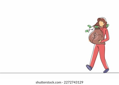 Single continuous line drawing happy businesswoman walking and carrying big heavy sack full of cash money. Green banknotes flying out of bag with dollar sign on it. One line draw graphic design vector