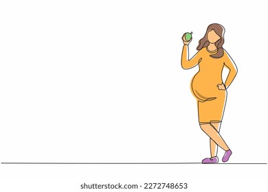 Single continuous line drawing happy beautiful pregnant woman holding green apple. Pregnancy and motherhood concept eating healthy fresh fruit food. One line draw graphic design vector illustration