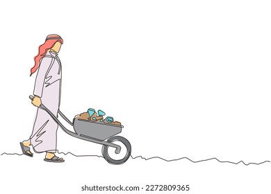 Single continuous line drawing happy businesswoman in blazer pushing cart full of diamonds. Wheelbarrow with golds, jewelry, precious stone. Business and finance concept. One line draw design vector