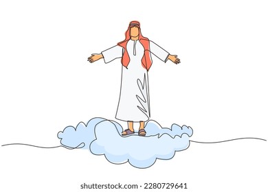 Single continuous line drawing happy Arabic businessman on top of cloud with raised hands. Successful business concept. Financial freedom, happiness, peaceful. One line draw design vector illustration