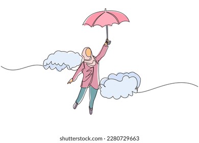 Una línea contínua dibujando feliz y rica mujer de negocios árabe volando con su paraguas sosteniendo la cartera de documentos. El trabajador de oficina logra la independencia financiera. Ilustración vectorial de diseño gráfico de una línea