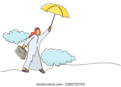 Einzelne kontinuierliche Zeichnung glücklicher arabischer Geschäftsleute, die mit seinem Regenschirm-Briefkasten fliegen. Büroangestellte erlangen finanzielle Unabhängigkeit. Grafikdesign mit einer Linie, Vektorgrafik