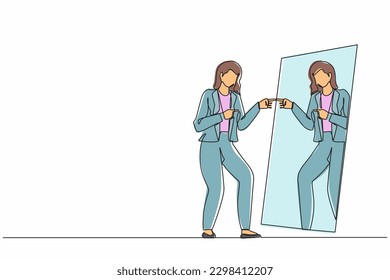 Single continuous line drawing happy narcissistic businesswoman looks at mirror. Woman self reflection. Narcissism and vanity. Look selfishness, narcissistic, admiring. One line graphic design vector