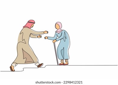 Single continuous line drawing happy Arab man running to meet grandmother. Vacation at grandparents home. Mother, senior female, retired, summertime, holiday. One line draw design vector illustration