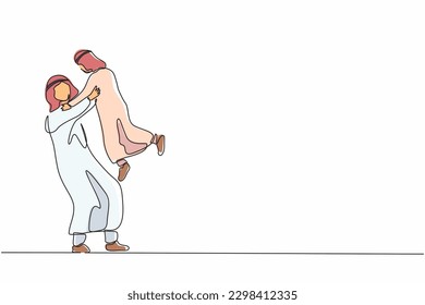 Single continuous line drawing happy father's day. Loving father carrying his little son on raised hands. Arab family with dad and child playing together. One line graphic design vector illustration