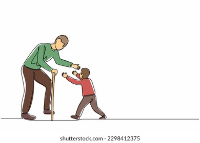 Single continuous line drawing happy little boy running to hug his grandfather. Grandson visiting grandparents. Senior man welcoming grandchild at home. One line graphic design vector illustration