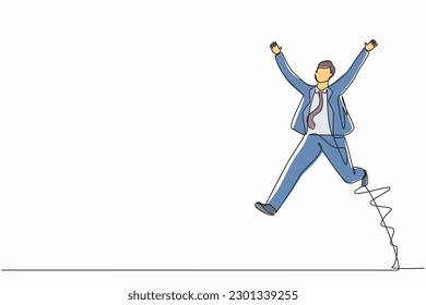 Single continuous line drawing happy businessman jump with both hands raised. Salesman celebrates salary increase and benefits from company. Dynamic one line draw graphic design vector illustration