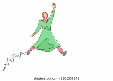 Single continuous line drawing happy Arab businesswoman jumping with spreads both legs and raises one hand. Saleswoman celebrates salary increase from company. One line draw design vector illustration