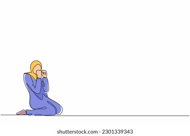 Single continuous line drawing happy Arab businesswoman kneeling with gesture of both hands yes. Saleswoman celebrates salary increase, benefits from company. One line draw design vector illustration