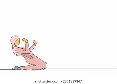 Single continuous line drawing happy Arab businesswoman kneeling with celebrating goal pose. Office worker celebrate success of company financial project. One line graphic design vector illustration