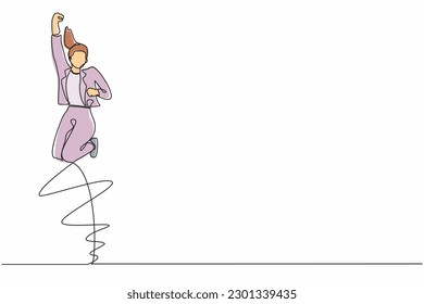 Single continuous line drawing happy businesswoman jump with folds one leg and raises one hand. Female manager celebrating success of increasing company product sales. One line graphic design vector