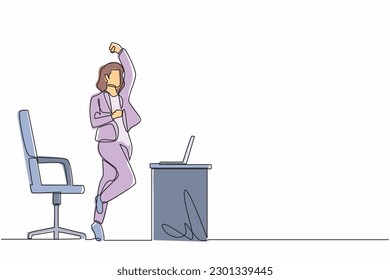 Single continuous line drawing happy businesswoman jumping and dancing on the her workplace. Female manager celebrating success of increasing company product sales. One line draw graphic design vector