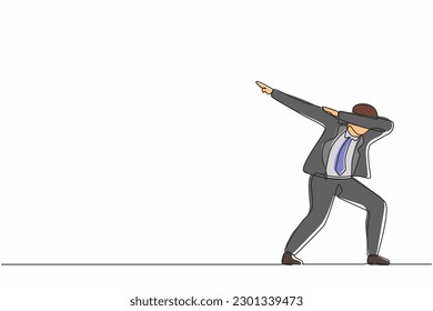 Single continuous line drawing happy businessman standing with crossing arms and look down. Salesman celebrates salary increase from company. Dynamic one line draw graphic design vector illustration