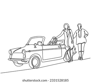 Single continuous line drawing happy couple standing beside car and dog going road trip  Romantic man   woman and dog inside car  Couple summer vacation travel Dynamic one line draw graphic