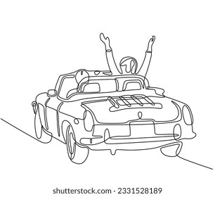 Single continuous line drawing happy couple riding car going on road trip. Romantic man and woman driving in cabriolet car. Couple summer vacation travel.. Dynamic one line draw graphic design vector