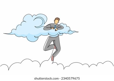 Single continuous line drawing happy businessman hang in clouds. Hoping for success, financial freedom, winning business project, achievement concept. One line draw graphic design vector illustration