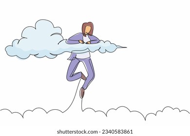 Single continuous line drawing happy businesswoman hang in the clouds. Looking for success in the office, financial freedom, winning business project. One line draw graphic design vector illustration