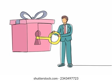 Single continuous line drawing happy businessman putting big key into gift box with ribbon. Unlock gift and confidential personal information concept. One line draw graphic design vector illustration