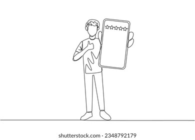 Single continuous line drawing happy man standing holding smartphone and showing screen to the front. Giving rating of 5 stars to online seller. Satisfied customer. One line design vector illustration