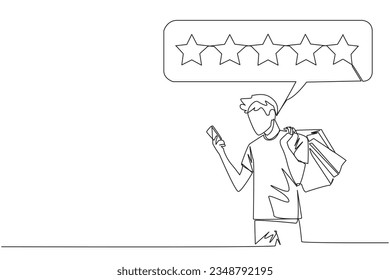 Single continuous line drawing happy smiling man holding several shopping bags. The other hand typing on the smartphone gives a 5 star review. Online shopping. One line design vector illustration