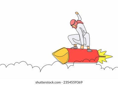 Single continuous line drawing happy Arab businessman riding a rocket through the sky, concept for business success, motivation and innovation. Dynamic one line draw graphic design vector illustration